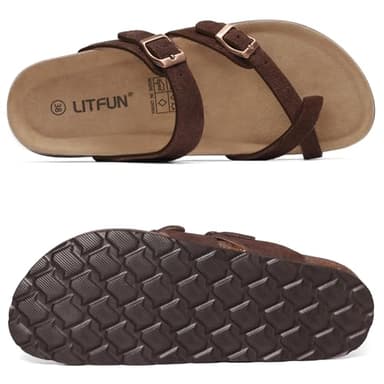 Litfun Women's Genuine Suede Cork Footbed Sandals Comfortable Summer Slides with Adjustable Buckle, Brown 39 - Image 5