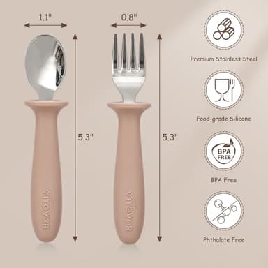 6 Pieces Toddler Utensils, Children Silverware Set with Silicone Handle, Kids Safe Spoons and Forks, Dishwasher Safe, 18/8 Stainless Steel, Food-grade Silicone，BPA Free - Tan - Image 2