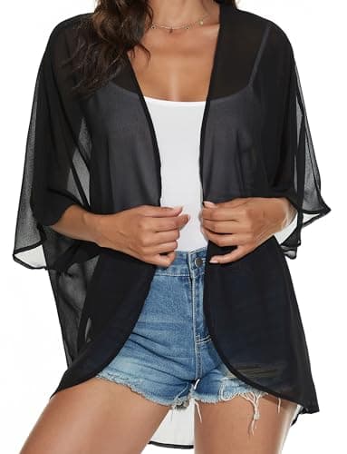 Women Summer Tops Kimono Cardigans Sheer Beach Cover Ups Chiffon Open Front Shirts （Black,L - Image 4