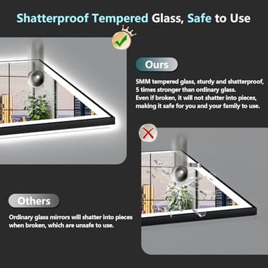 AWANDEE 72x40 Black Framed LED Bathroom Mirror with Lights, Backlit + Front Lit, Anti-Fog Lighted Vanity Mirror for Bathroom Wall with 3 Colors, Stepless Dimmable, Memory, Tempered Glass, ETL Listed - Image 8