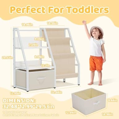 ZVMTTOY 3 Tier Kids Bookshelf and Toy Organizer with Movable Drawer,Montessori Bookcase Toy Organizer,Toddler Bookshelf for Kids Rooms, Playroom, Nursery,White,29.5" Height Safe Design - Image 2