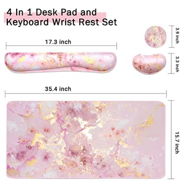Keyboard Mouse Pad Set, Extended Mouse Pad+Keyboard Wrist Rest Support, Memory Foam Ergonomic Easy Typing, 3Pcs (35.4×15.7 in) Desk Pad Set for Home Office Study Game- Pink Gold Marble - Image 3