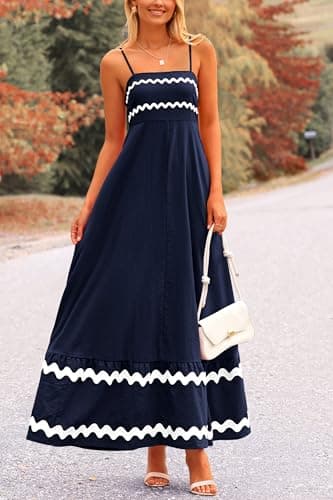 PRETTYGARDEN Women's 2025 Summer Flowy Maxi Dress Casual Sleeveless Spaghetti Strap Ruffle Beach Long Dresses (Dark Blue,X-Large) - Image 4