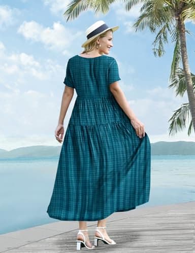 YESNO Women Casual Loose Bohemian Floral Dress with Pockets Short Sleeve Long Maxi Summer Beach Swing Dress (3XL EJF Solid C Dark Cyan) - Image 4