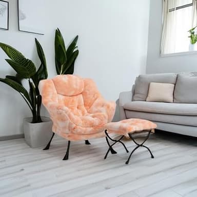 HollyHOME Lazy Chair with Foldable Ottoman, Accent Comfy Lounge Armchair and Folding Footrest Stool, Leisure Sofa Reading Chair and Footstool for Living Room, Bedroom, Dorm,Faux Fur Peach - Image 6