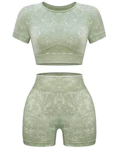 OLCHEE Womens Workout Sets 2 Piece - Seamless Acid Wash Yoga Outfits Leggings Shorts and Crop Top Matching Gym Activewear Athletic Clothing Set - Green Large - Image 1