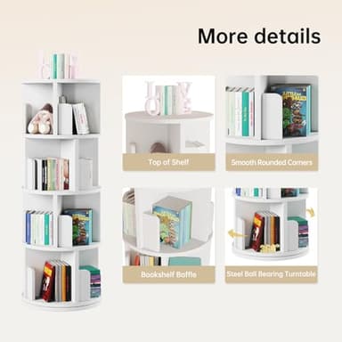 oneinmil Rotating Bookshelf, 360° Rotating Bookcase for Small Space, Corner Bookcase for Bedroom, Living Room, Study Room, 4 Tier, White - Image 5