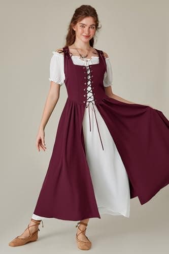 Scarlet Darkness Medieval Dress for Women Renaissance Costume Fairy Elf Short Sleeve Irish Chemise Dress & Overdress Wine 2XL - Image 4