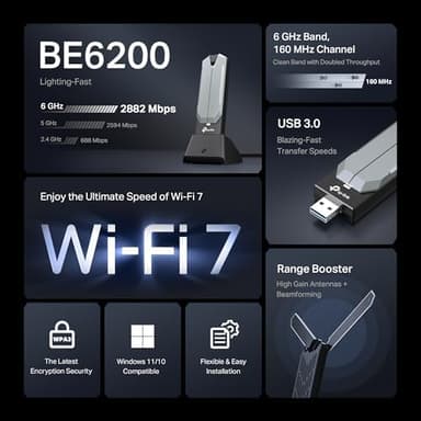 TP-Link BE6200 Tri-Band Wi-Fi 7 Wireless USB 3.0 Adapter Archer TBE401UH | WiFi Adapter for Desktop PC | Supports Windows 11,10 | 2 x High Gain Antennas | 6GHz, 4K-QAM, 160MHz, WPA3 | Secure by Design - Image 3