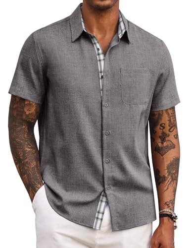 COOFANDY Men's Button Down Shirt Short Sleeve Casual Shirt Wrinkle Free Dress Shirt A-Dark Grey - Image 1