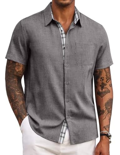 COOFANDY Men's Button Down Shirt Short Sleeve Casual Shirt Wrinkle Free Dress Shirt A-Dark Grey - Image 1
