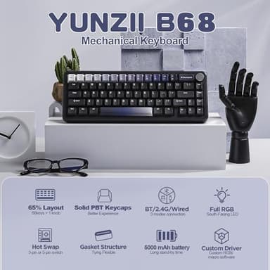 YUNZII B68 Wireless Mechanical Keyboard,Tri-Mode BT5.0/2.4GHz/USB-C,Cute PBT Keycaps,Hot Swappable Creamy Typing Gasket Mounted,RGB Backlit NKRO for Win/Mac (Black, Cocoa Cream V2 Switch) - Image 2