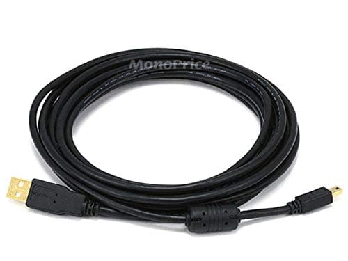 Monoprice USB 2.0 Type-A Male to Mini Type-B 5pin Male Cable - With Ferrite Core, Gold Plated, 28/24AWG, 15 Feet,Black - Image 1