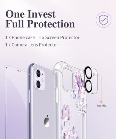 GVIEWIN for iPhone 11 Case with Screen Protector + Camera Lens Protector, [Not-Yellowing] Clear Soft TPU Shockproof Protective Cover for Women Girls Flower Pattern Phone Case 6.1"(Foliolosa/Purple) - Image 7