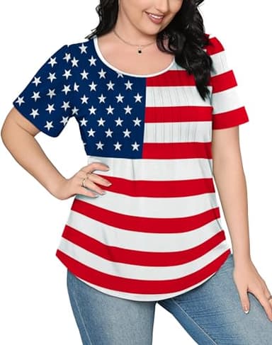 July 4th Shirts for Women Dressy Casual Blouses Plus Size Short Sleeve Summer Outfits American Flag XL - Image 4