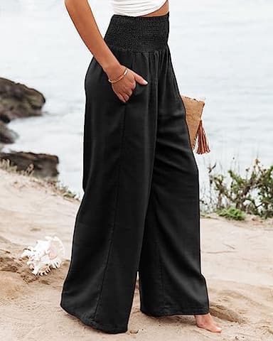 Angerella Women's Smocked High Waisted Solid Color Loose Wide Leg Pants Palazzo with Pockets Black XXL - Image 4