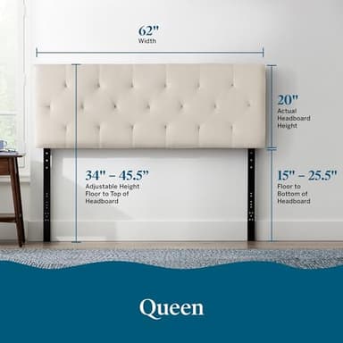 LUCID Mid-Rise Upholstered Headboard - Diamond Tufted - Padded Polyester - Adjustable Height from 34” to 46” - Easy Assembly - Bed Frame or Wall Mount - Sturdy - Pearl - Queen Size - Image 2