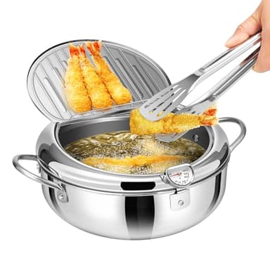VIVOHOME 8.3 Inch 2.2 L 304 Stainless Steel Deep Fryer Pot with Tong, Tempura Fryer Pan with Thermometer for Chicken, Fish, French Fries, Shrimp - Image 1