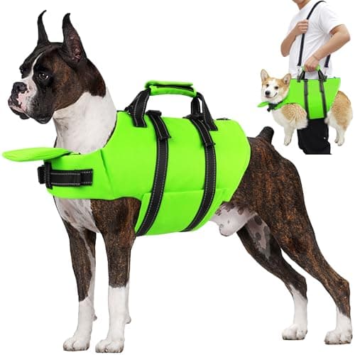 Petglad Dog Life Jacket with 4ft Leash, Reflective Pet Life Vest with Zipper and Handle for Swimming Boating, Adjustable High Buoyancy Floatation Swim Vest for Small Medium Large Dogs - Green, L - Image 1