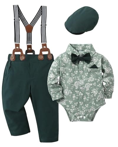 YALLET Baby Boy Clothes Suit, Infant Gentleman Outfits Printed Dress Shirt+Bowtie+Beret Hat+Detachable Suspender Pants 0-18M - Image 1