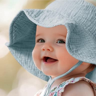 Konssy 2 Pack Muslin Baby Sun Hat UPF 50+ Sun Protection Baby Bucket Hat Summer Beach Hats with Wide Brim for Boys & Girls Blue-White - Image 4