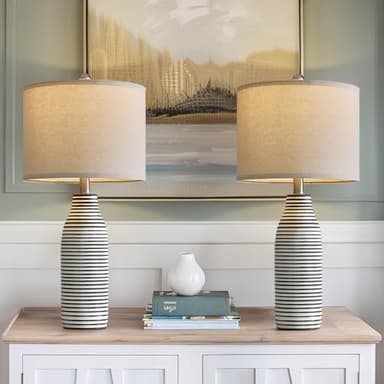 USumkky 25" Ceramic Table Lamps Set of 2 Beside Lamps for Living Room Modern Bedroom Lamps for Night Stands with Rotary Switch Black and White Stripes - Image 3