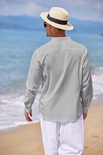 COOFANDY Men's Cotton Linen Henley T-Shirts Long Sleeve Hippie Casual Beach T-Shirts Gray - Image 4