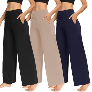 TNNZEET 3 Pack Women's Wide Leg Pants with Pockets - Casual Loose Yoga Trouser Pants Sweatpants Palazzo Lounge Pajama Pants - Image 1