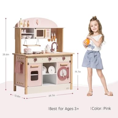 ROBUD Play Kitchen for Kids Toddlers, Wooden Play Kitchen with Realistic Accessories, Toy Kitchen Set with Plenty of Play Features, Modern Style Toy Kitchen for Girls & Boys, Gift for Ages 3+, Pink - Image 7