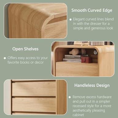 Aitjunz 25" Tall Modern Nightstand Set of 2, 23.6'' Wide Wood Bedside Table w/2 Storage Drawers, Charging Station, Mid Century End Table for Bedroom, Living Room,Curved Profile Design, Natural Oak - Image 6