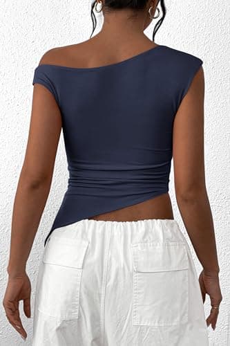 PRETTYGARDEN Womens 2025 Summer Off The Shoulder Crop Tops Sleeveless One Shoulder Ruched Asymmetrical Y2K Going Out Tank Top (Navy,X-Large) - Image 2