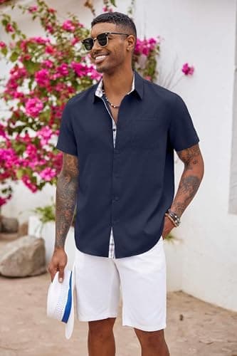 COOFANDY Men's Summer Shirt Short Sleeve Button Up Shirt Regular Fit Tropical Holiday Beach Shirts Navy Blue - Image 2