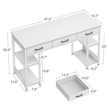 Casaottima Small Office Desk with Fabric Drawers, Computer Desk with Storage Shelves, Modern Writing Table, 48" Home Desk, Pure White - Image 3