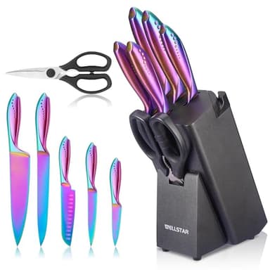 WELLSTAR Rainbow Knife Set 8 Pieces, Iridescent German Stainless Steel Kitchen Knives Set with Wooden Block, Colorful Titanium Coating, Chef’s Knife Block Set with Scissors and Built-in Sharpener - Image 1