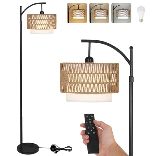 Arc Floor Lamp for Living Room with 3 Color Temperatures, Farmhouse Floor Lamps with Remote & Dimmable Bulb, Boho Standing Lamp with Rattan & Fabric Shades, Adjustable Tall Lamp for Bedroom, Office - Image 1