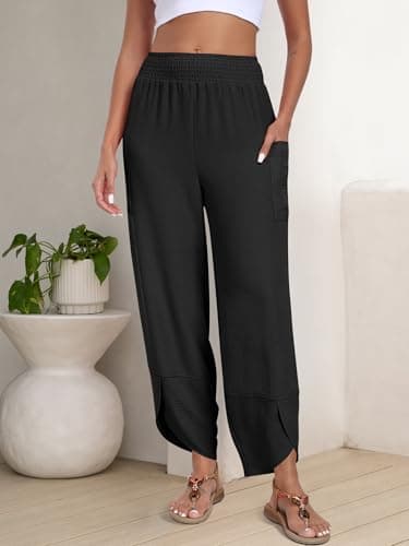 ANRABESS Womens Wide Leg Palazzo Capri Pants 2025 Summer Casual Loose High Waisted Lounge Flowy Cropped Beach Work Trousers Black Large - Image 3