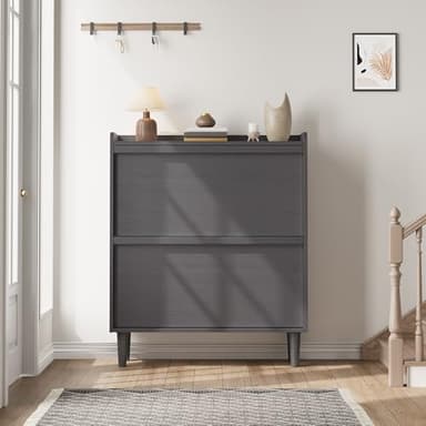 GarveeHome Shoe Cabinet with 2 Flip Drawers, Wooden Shoe Organizer Cabinet with Adjustable Shelf, Shoe Storage for Entryway, Hidden Shoe Cabinet for Hallway, Living Room, Black - Image 3