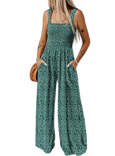 Dokotoo Womens Overalls Green Jumpsuits for Women Casual Loose Fit Solid Color Wide Leg One Piece Sleeveless Jumpsuit Printed Long Pant Rompers with Pockets Medium - Image 1