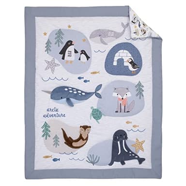 NoJo Arctic Adventure Light Blue, White, Taupe and Navy Whales, Walrus, and Otter 4 Piece Nursery Crib Bedding Set - Comforter, 100% Cotton Fitted Crib Sheet, Crib Skirt, and Storage Caddy - Image 2