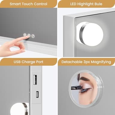 Vanity Mirror with Lights, Hollywood Lighted Vanity Mirror with 15 Dimmable LED Bulbs, 3 Color Modes, USB Charging Port, Light up Mirror with Touch Control for Bedroom, Tabletop, 23" x 18" - Image 6