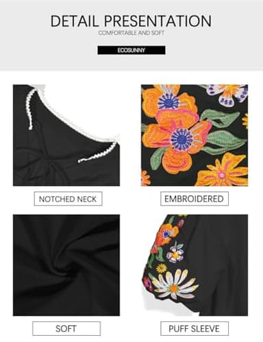 Women's Casual Floral Embroidered V Neck Boho Puff Short Sleeve Shirts Loose Tunic Summer Blouses Tops Fashion Clothes 2024 Black L - Image 4