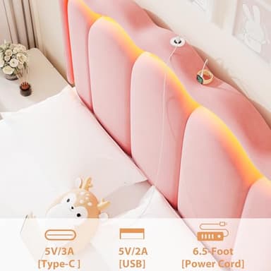 Queen Upholstered LED Bed Frame with 2 Storage Drawers and Adjustable Chic Double Wavy Headboard, Velvet Princess Platform Bed with Charing Station, Solid Wood Slats Support,No Box Spring Needed, Pink - Image 7