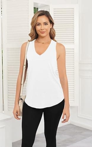 Smile Fish Women Summer Deep V Neck Tank Top Loose Fit Flowy Sleeveless Shirt Cotton White,XL - Image 2