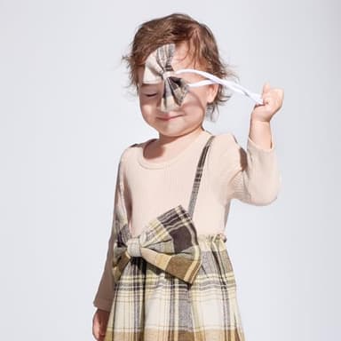 PATPAT Baby Girl Dress Newborn Infant Girls Long Sleeve Fall Ribbed Flannel Dress Toddler Suspender Dress with Bowknot Headband Khaki 6-9 Months - Image 2