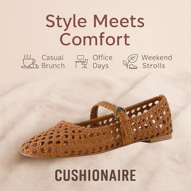 CUSHIONAIRE Weston Women’s Hand Woven Dressy Ballet Flats – Faux Leather Mary Jane with Adjustable Strap & Memory Foam, COGNAC 8 - Image 7
