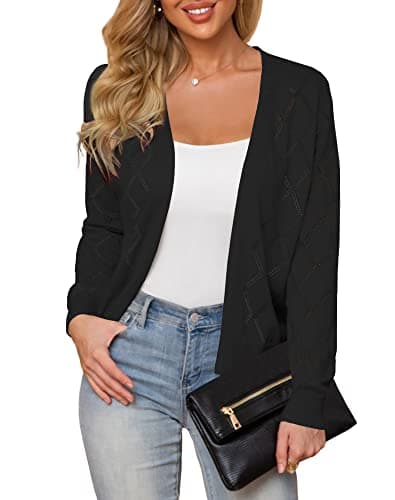 Plusashion Women's Cardigan Sweaters Black Lightweight Open Front Long Sleeve Hollow Out, Black-L - Image 1
