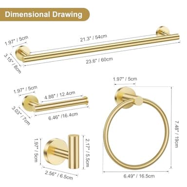 Lairuier 5 Pieces Brushed Gold Bathroom Accessories Set, 23.6 Inch Bath Towel Bar Set, SUS304 Stainless Steel Bathroom Hardware Set Round Toilet Paper Holder Set Wall Mounted - Image 7