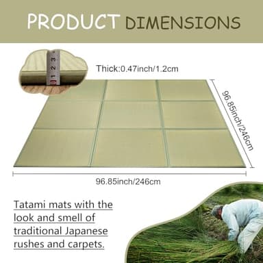 HAGiHARA Japanese Tatami Mat, Patchwork Tatami Floor Mats, 96" x 96" Foldable Square with Non-Slip Design for Bedroom, Crawling and Yoga, Made of Rush Grass, Igusa(with Edge/9 Picecs) - Image 2