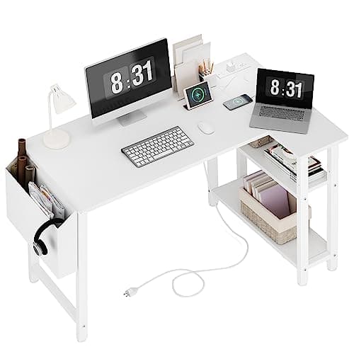 Lufeiya White L Shaped Computer Desk with Power Outlet Shelves, 40 Inch Small Reversible Corner Desk for Small Space Home Office, L-Shaped Desk PC Desks, White - Image 1