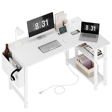 Lufeiya White L Shaped Computer Desk with Power Outlet Shelves, 40 Inch Small Reversible Corner Desk for Small Space Home Office, L-Shaped Desk PC Desks, White - Image 1